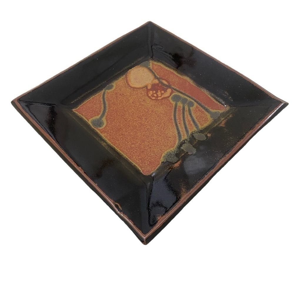 Artisan made signed brown glaze pottery stoneware square dish platter organic